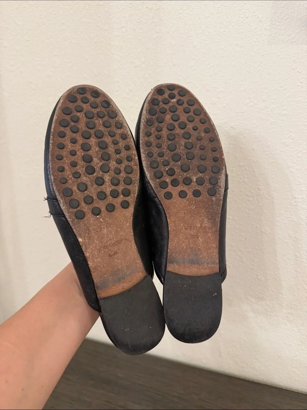 Tory Burch Black Leather Logo Mules Slides Gold Hardware 7.5M